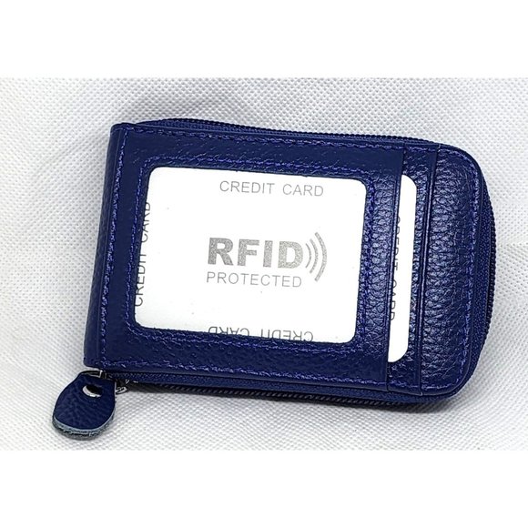Unisex Credit Card Wallet With Zipper, Genuine Leather RFID Credit Card Holder - Picture 1 of 16